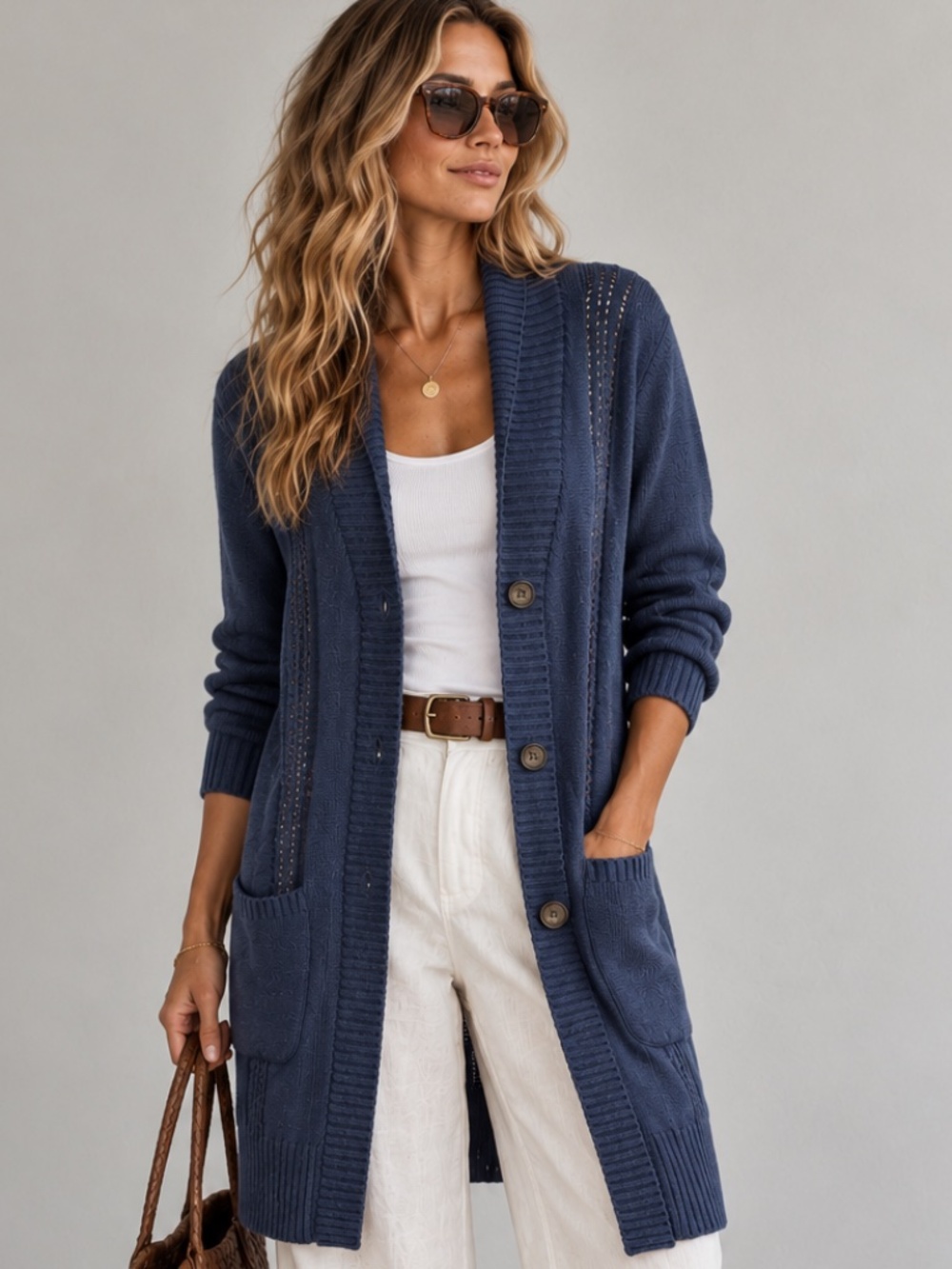 UGG Hayley Knit Shawl Collar Cardigan Cable Sweater Duster Navy Blue Long M/L